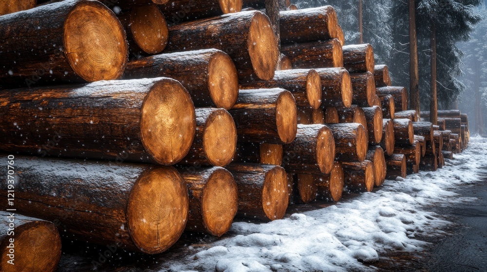 A pile of logs stacked in a snowy forest. A pile of logs stacked in a snowy forest.