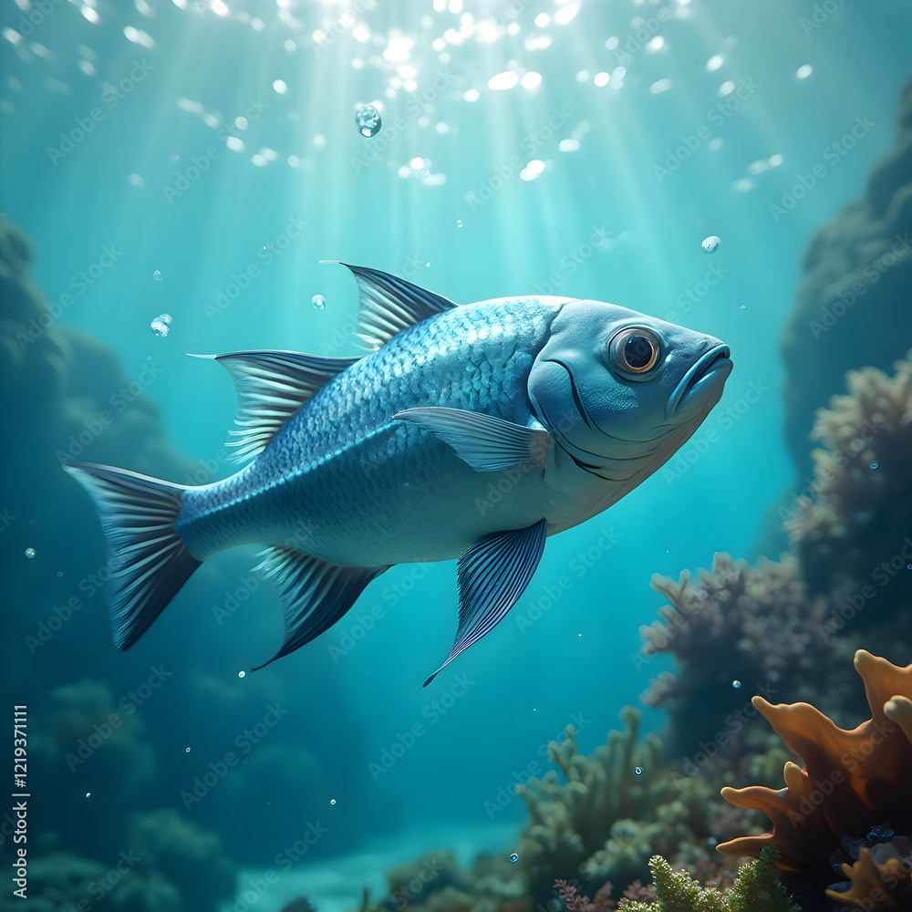 Naklejka premium A sea fish is swimming in the ocean, moving slowly through the water as it explores its surroundings