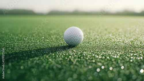 Golf Ball on Dewy Green Grass in Morning Sunlight