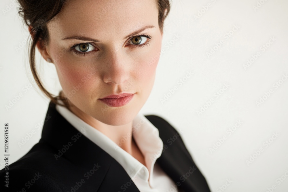 A woman wearing a black jacket and white shirt, possibly preparing for an outdoor event or activity A woman wearing a black jacket and white shirt, possibly preparing for an outdoor event or activity