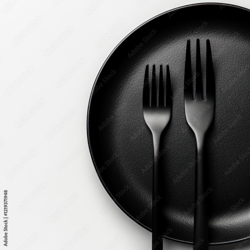 Two forks on a black plate, top view, on a white background. Food concept Two forks on a black plate, top view, on a white background. Food concept