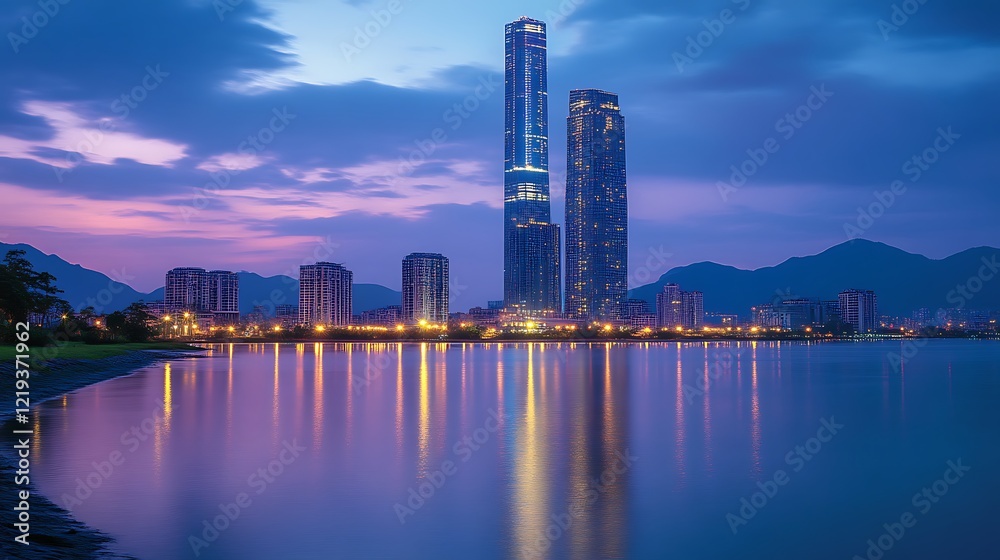 Fototapeta premium Cityscape Featuring Two Tall Skyscrapers at Dusk