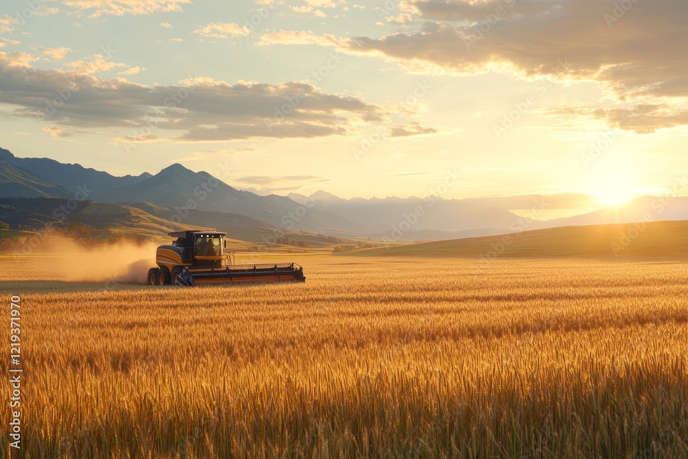 Fototapeta premium Harvesting wheat at sunset in an expansive countryside field near the mountains