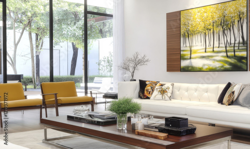 Modern living room with large windows and artistic decor inviting natural light