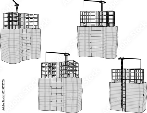 vector illustration of construction design of unfinished apartment hotel building under construction 