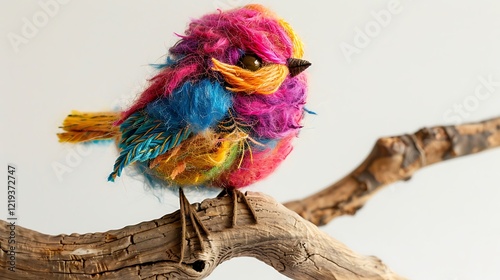 A handmade colorful woolen bird perched on a wooden branch, with intricate stitching and vibrant feathers. photo