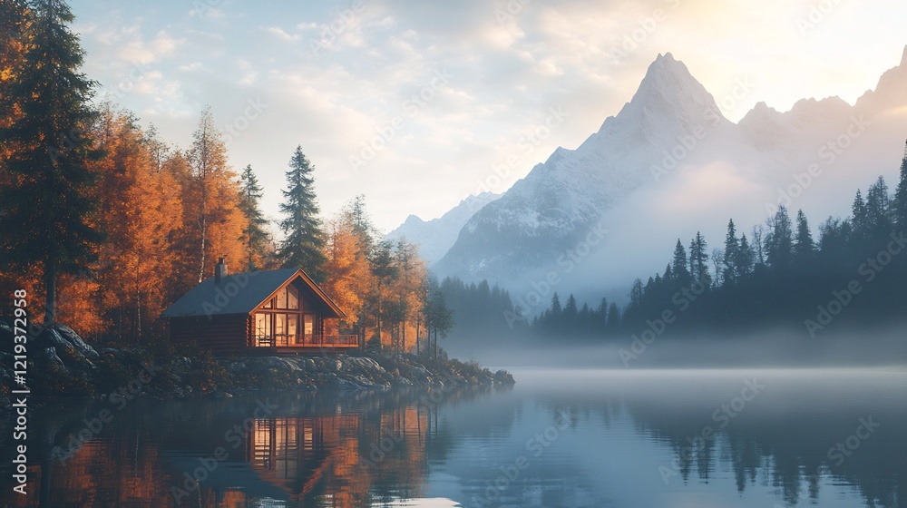 Fototapeta premium Scenic Autumn Cabin by Misty Mountain Lake