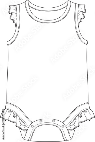 Flat vector outline of baby sleeveless bodysuit with round neck and snap closure for infant fashion template
