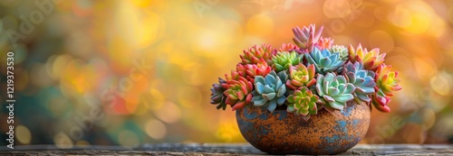 Vibrant succulent arrangement in a rustic pot against a warm, blurred background. photo