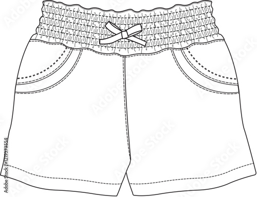Children’s shorts with ruffled elastic waistband and bow tie detail in black and white flat vector illustration
