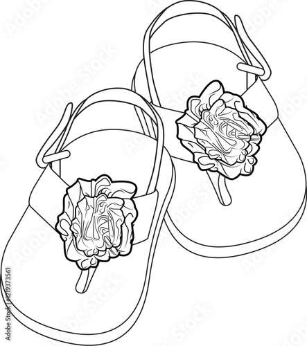 Line drawing of children’s sandals with large flower embellishments on straps designed for summer fashion
