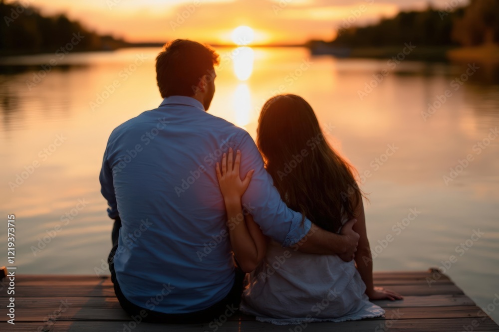 Φωτογραφία Rear view of smiling couple sitting with arms around on jetty over lake during s