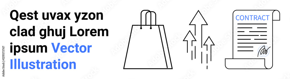 Shopping bag, three ascending arrows indicating growth, and signed contract document under CONTRACT. Ideal for online shopping, sales growth, business agreements, retail success, marketing Shopping bag, three ascending arrows indicating growth, and signed contract document under CONTRACT. Ideal for online shopping, sales growth, business agreements, retail success, marketing