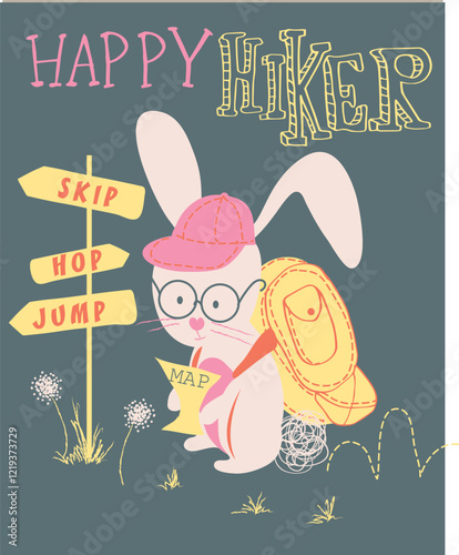 Cute bunny with pink hat and glasses hiking with backpack and signpost labeled skip hop jump in vintage style
