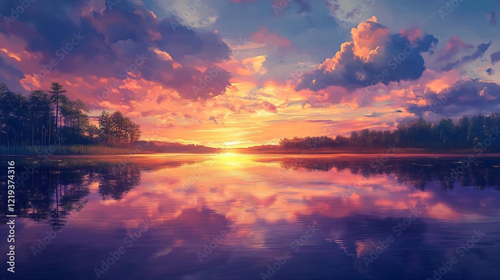 Fototapeta premium Stunning Sunset over Serene Lake and Lush Forest