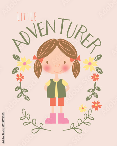 Cute little girl wearing outdoor clothes surrounded by hand-drawn flowers and the word adventurer
