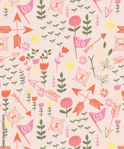 Tribal Floral Pattern with Arrows and Leaves in Pink Tones
