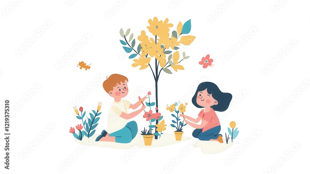 Obraz premium Children's Day vector design and PNG of kids planting flowers, perfect for use in school gardening activities, outdoor events, or environmental projects, isolated on white