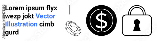 Central black dollar sign coin, smaller coin, and padlock icon indicating security. Placeholder text nearby for context or messaging. Ideal for financial security, ecommerce, fintech, online