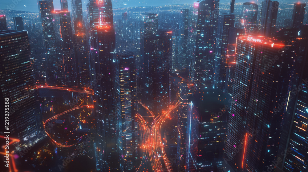 Fototapeta premium Smart digital Innovation city with connection network reciprocity over the twilight cityscape. of future smart wireless digital city and social media networking systems that connects people with city