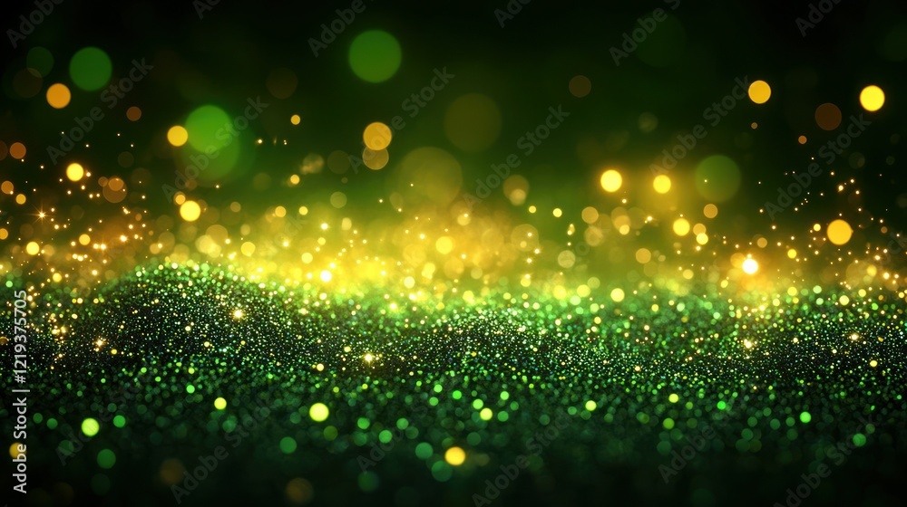 Naklejka premium Green glitter sparkles, bokeh background, dark studio, holiday design
