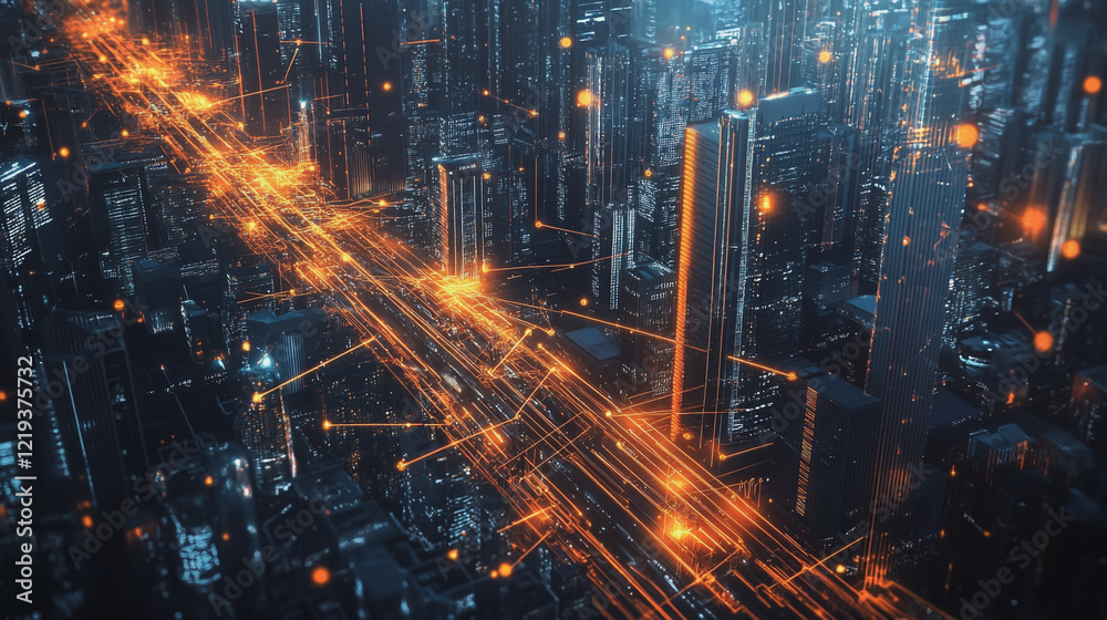 Fototapeta premium Smart digital Innovation city with connection network reciprocity over the twilight cityscape. of future smart wireless digital city and social media networking systems that connects people with city