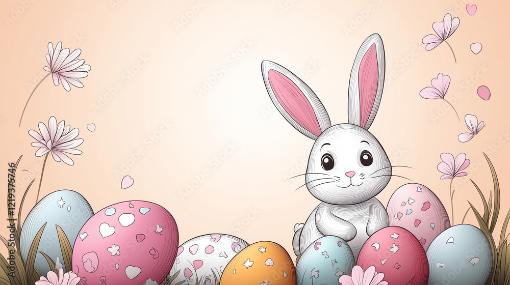 Obraz premium Coloring page for kids, a bunny dressed in Easter with eggs and flowers around it, Easter theme, cartoon style, thick lines, very low detail, no shading.