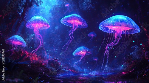 A serene underwater scene featuring luminous jellyfish floating gracefully above a vibrant ocean floor.