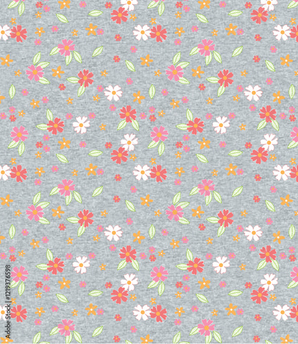 Seamless Pattern of Colorful Small Flowers on Gray Background
