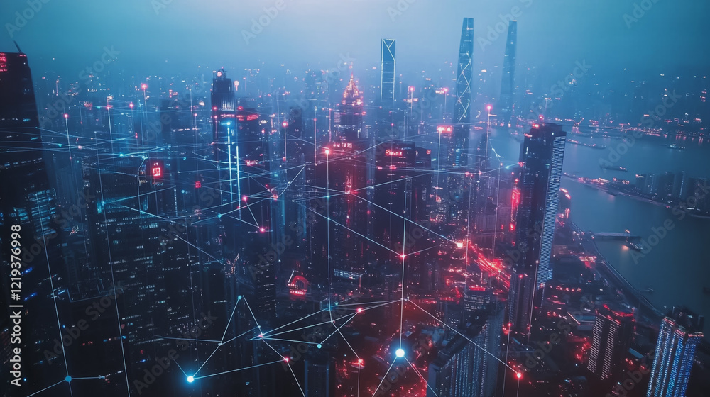 Fototapeta premium Smart digital Innovation city with connection network reciprocity over the twilight cityscape. of future smart wireless digital city and social media networking systems that connects people with city