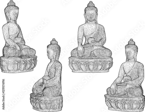 Vector sketch illustration of a smiling Buddha ornament design full of wisdom sitting carrying an alms container