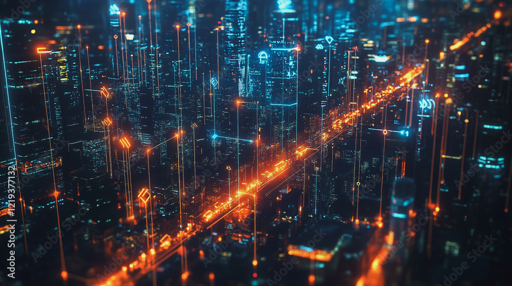 Obraz premium Smart digital Innovation city with connection network reciprocity over the twilight cityscape. of future smart wireless digital city and social media networking systems that connects people with city