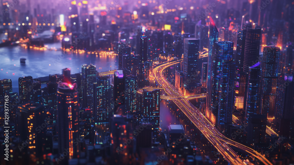 Fototapeta premium Smart digital Innovation city with connection network reciprocity over the twilight cityscape. of future smart wireless digital city and social media networking systems that connects people with city