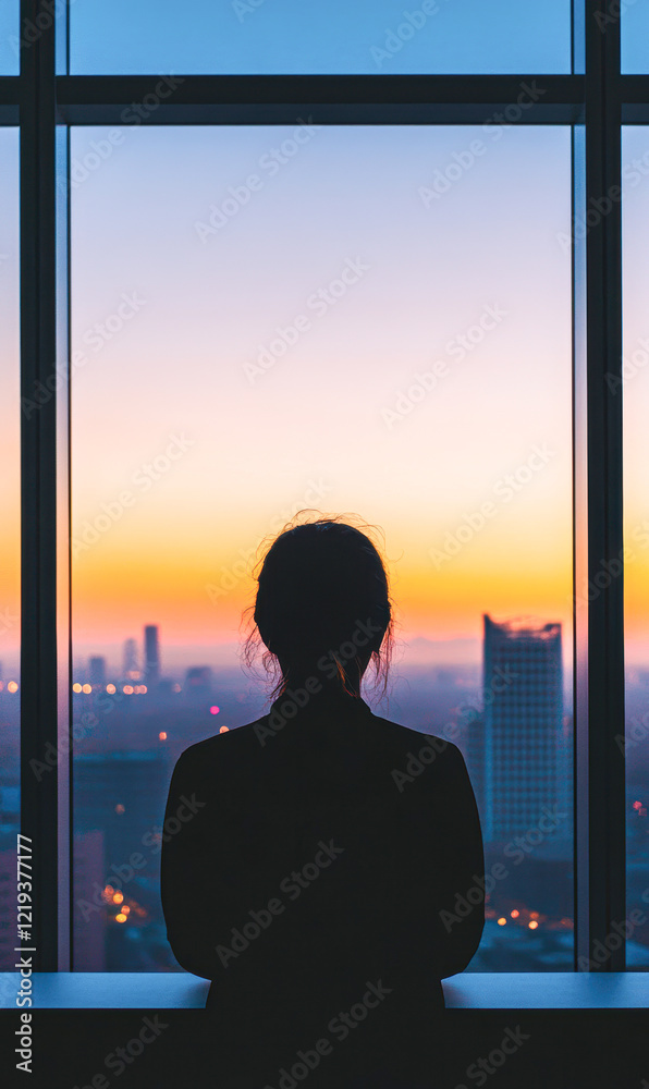 Fototapeta premium Businesswoman reflecting at sunset in office urban cityscape inspirational view