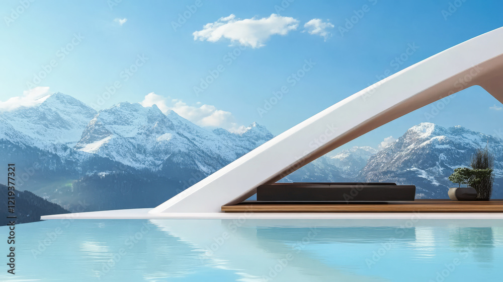 Fototapeta premium Modern infinity pool overlooking snow-capped mountains under a clear blue sky