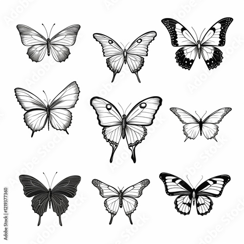 Wallpaper Mural Butterflies set, top view, icon, black and white sketch, isolated on a white background, minimalism, close-up, concept, printable, without people Torontodigital.ca