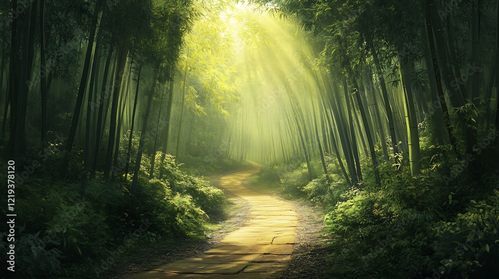 Obraz premium Sunlit Path Through a Serene Bamboo Forest