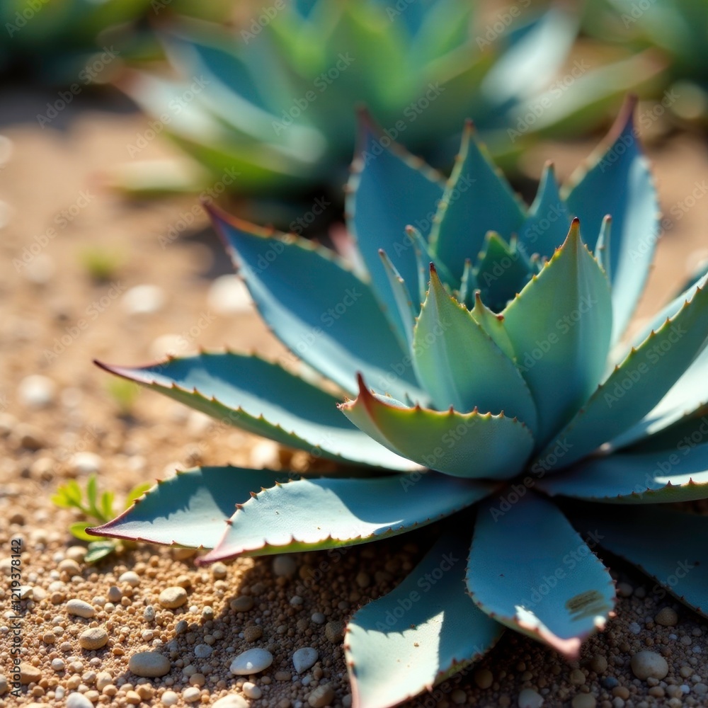 Blue agave plant with white flowers on the ground in a dry landscape, blue agave, ground, flowers Blue agave plant with white flowers on the ground in a dry landscape, blue agave, ground, flowers