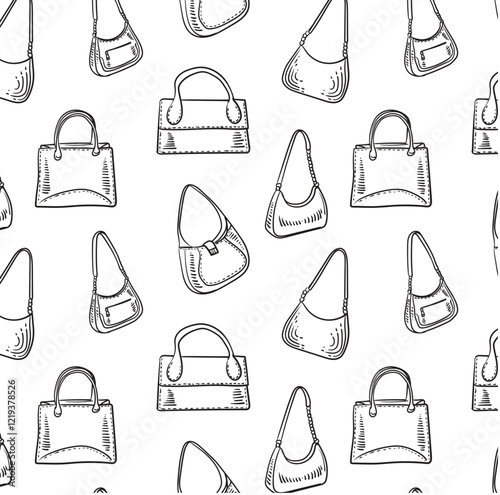 Pattern of Women's bag drawing by hand. Vector seamless pattern handbag. Line sketch illustration. For fashion fabric, packaging, decoration, wallpaper.