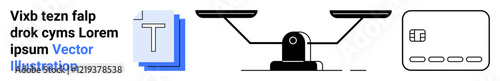 Page with text, blue layered T icon, scales balancing two platforms, and credit card with chip. Ideal for legal services, financial consulting, digital products, online payments, balance justice