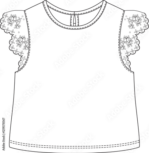 Puff Sleeve Baby Top with Lace Detail – Technical Flat Sketch
