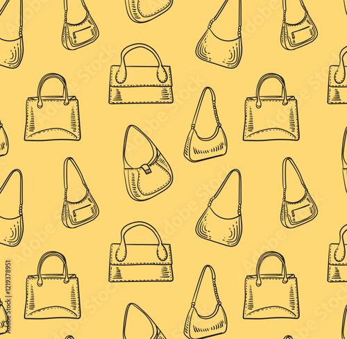 Pattern of Women's bag drawing by hand. Vector seamless pattern handbag. Line sketch illustration. For fashion fabric, packaging, decoration, wallpaper.