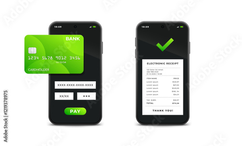 Cashless online payment and electronic receipt, vector illustration. Online shopping with a bank card and smartphone.
