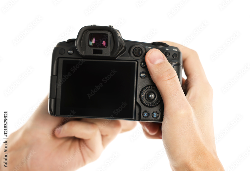 Photographer with professional camera on white background, closeup Photographer with professional camera on white background, closeup