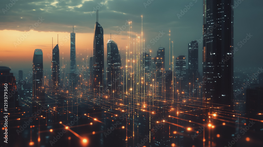 Fototapeta premium Smart digital Innovation city with connection network reciprocity over the twilight cityscape. of future smart wireless digital city and social media networking systems that connects people with city