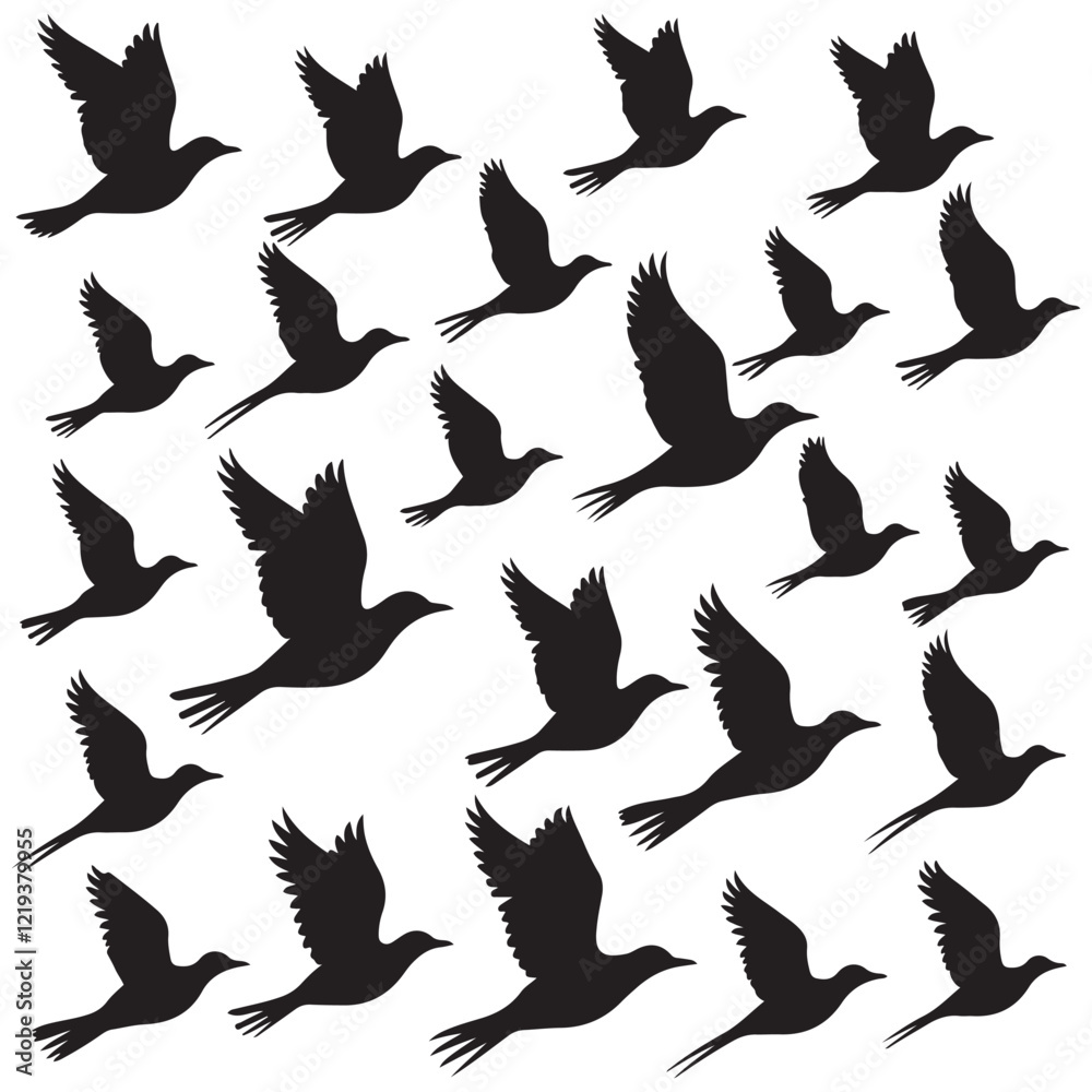 Fototapeta premium Flock of flying birds silhouette vector, Flying bird black silhouette vector set