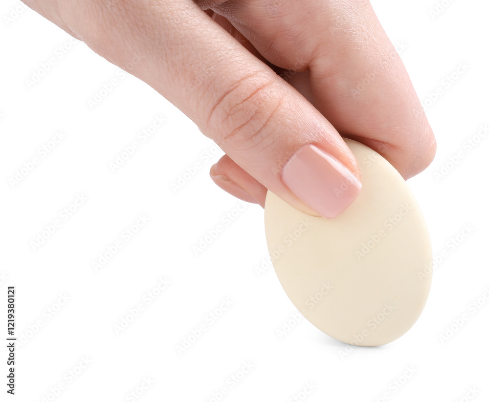 Woman using eraser on white background, closeup Woman using eraser on white background, closeup