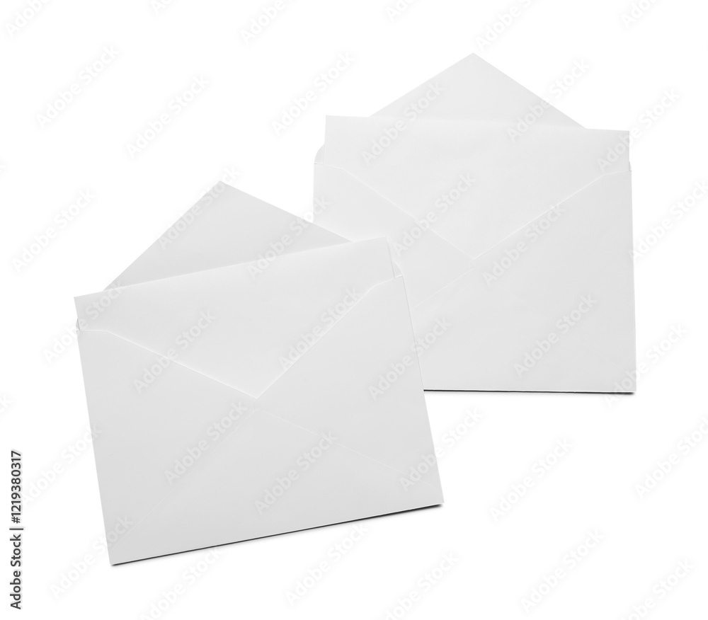 Envelopes with cards isolated on white, top view. Mockup for design Envelopes with cards isolated on white, top view. Mockup for design