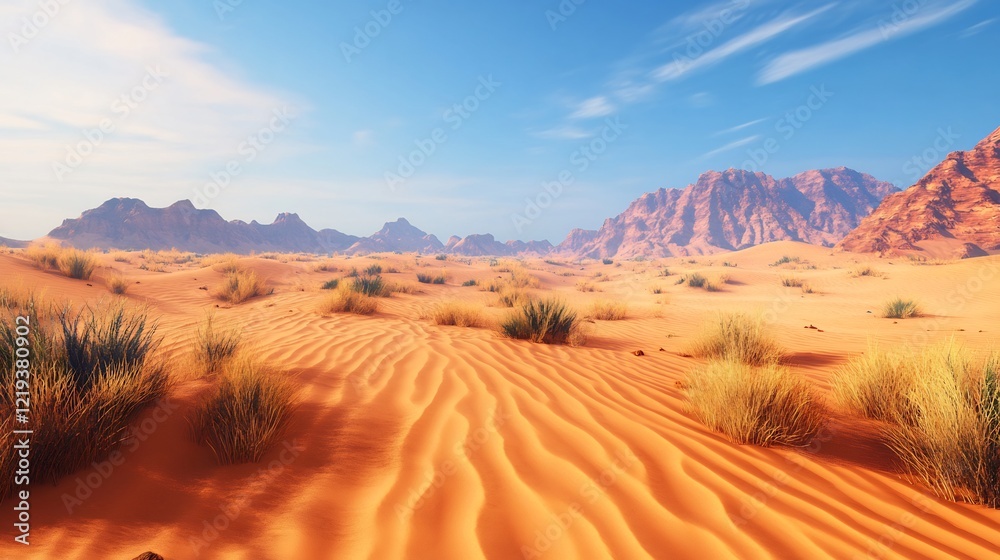 Fototapeta premium Stunning Desert Landscape with Rippled Sands and Majestic Mountains