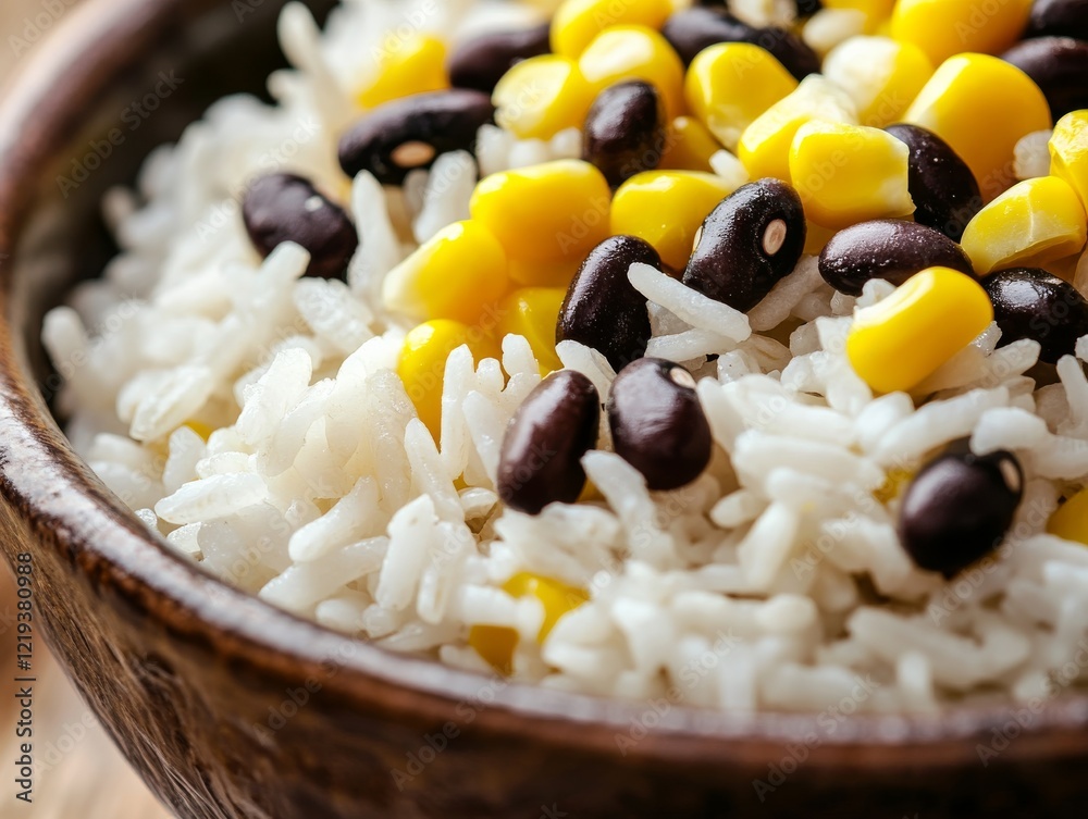 Cooked rice with black beans and corn in a bowl. Steamed white rice mixed with black beans and corn in a ceramic bowl. Emphasizing protein and vibrant flavor. Ideal for food blogs and hearty meals.